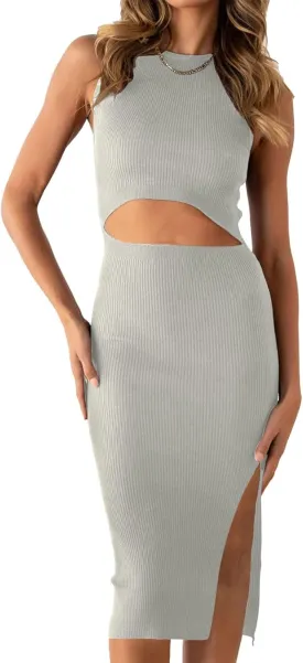 PRETTYGARDEN Women's Summer Midi Bodycon Dresses Casual Crew Neck Side Slit Sleeveless Knit Cut Out Tank Top Dress
