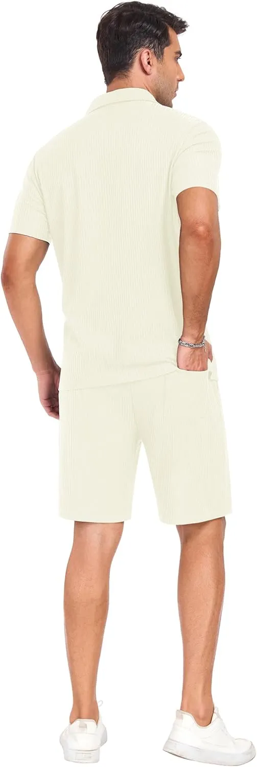 PrinStory Mens Short Sleeve Outfits 2 Piece Summer Beach Button Down Shirts and Shorts Set Tracksuit with Pockets