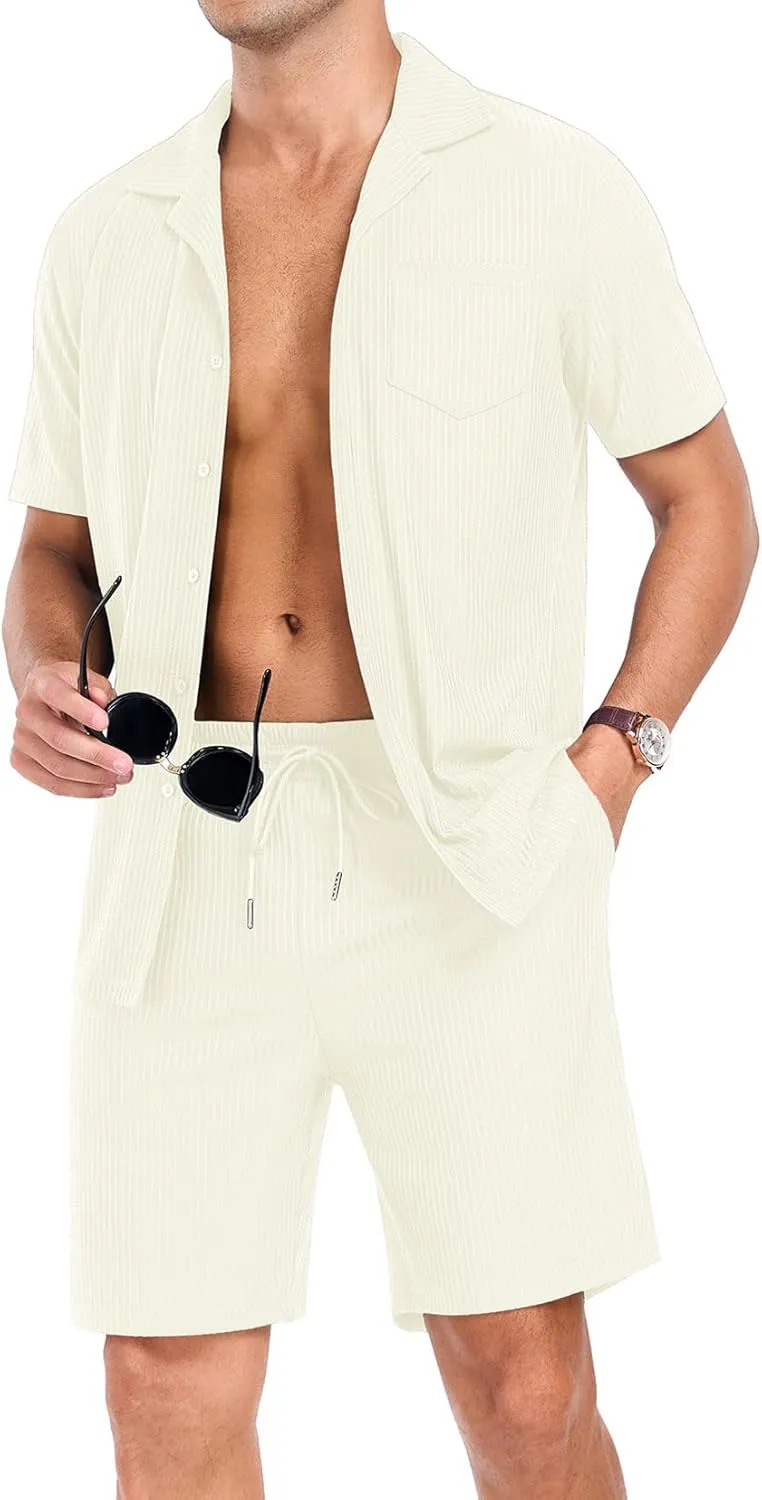 PrinStory Mens Short Sleeve Outfits 2 Piece Summer Beach Button Down Shirts and Shorts Set Tracksuit with Pockets