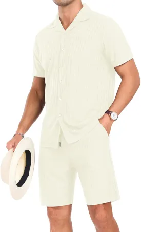 PrinStory Mens Short Sleeve Outfits 2 Piece Summer Beach Button Down Shirts and Shorts Set Tracksuit with Pockets