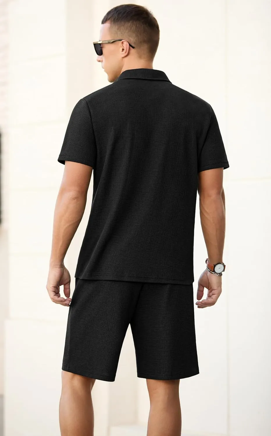 PrinStory Men's Summer Outfits Waffle Knit Polo Shirt and Shorts Set 2 Pieces Casual Tracksuit with Pockets