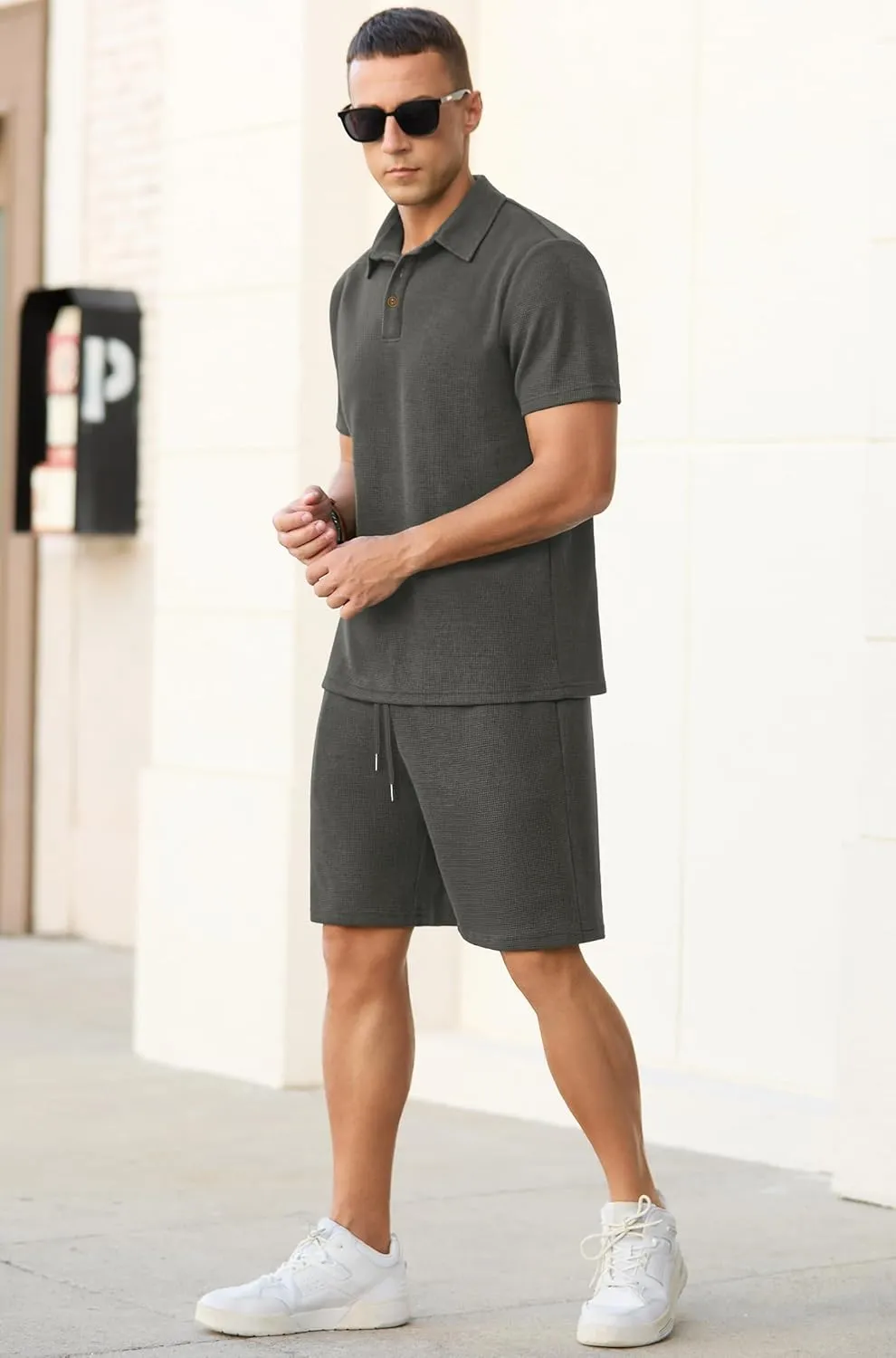 PrinStory Men's Summer Outfits Waffle Knit Polo Shirt and Shorts Set 2 Pieces Casual Tracksuit with Pockets