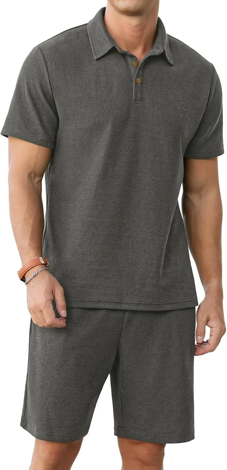 PrinStory Men's Summer Outfits Waffle Knit Polo Shirt and Shorts Set 2 Pieces Casual Tracksuit with Pockets