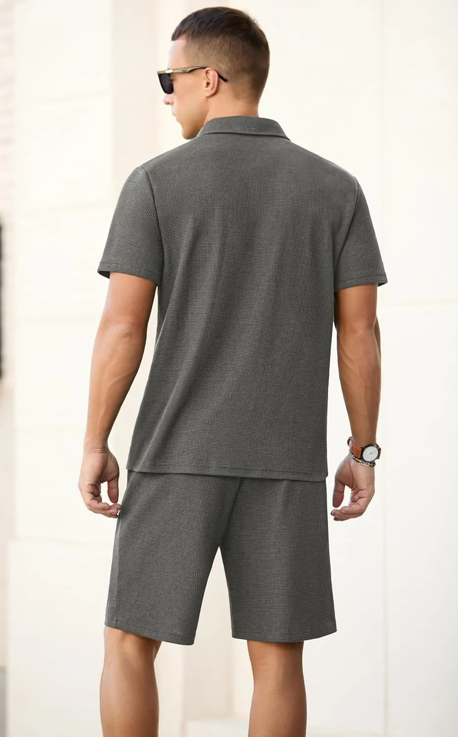 PrinStory Men's Summer Outfits Waffle Knit Polo Shirt and Shorts Set 2 Pieces Casual Tracksuit with Pockets