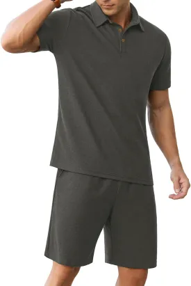 PrinStory Men's Summer Outfits Waffle Knit Polo Shirt and Shorts Set 2 Pieces Casual Tracksuit with Pockets