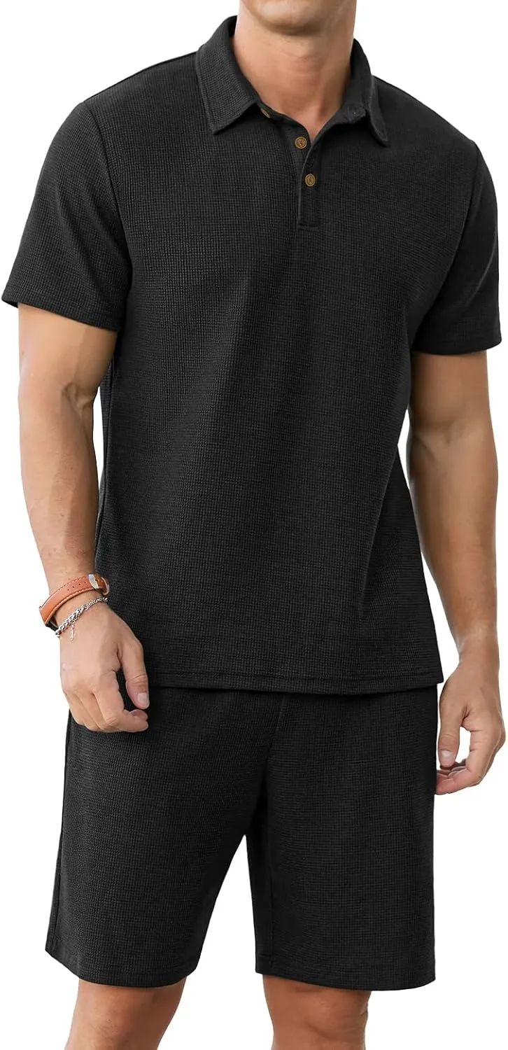 PrinStory Men's Summer Outfits Waffle Knit Polo Shirt and Shorts Set 2 Pieces Casual Tracksuit with Pockets