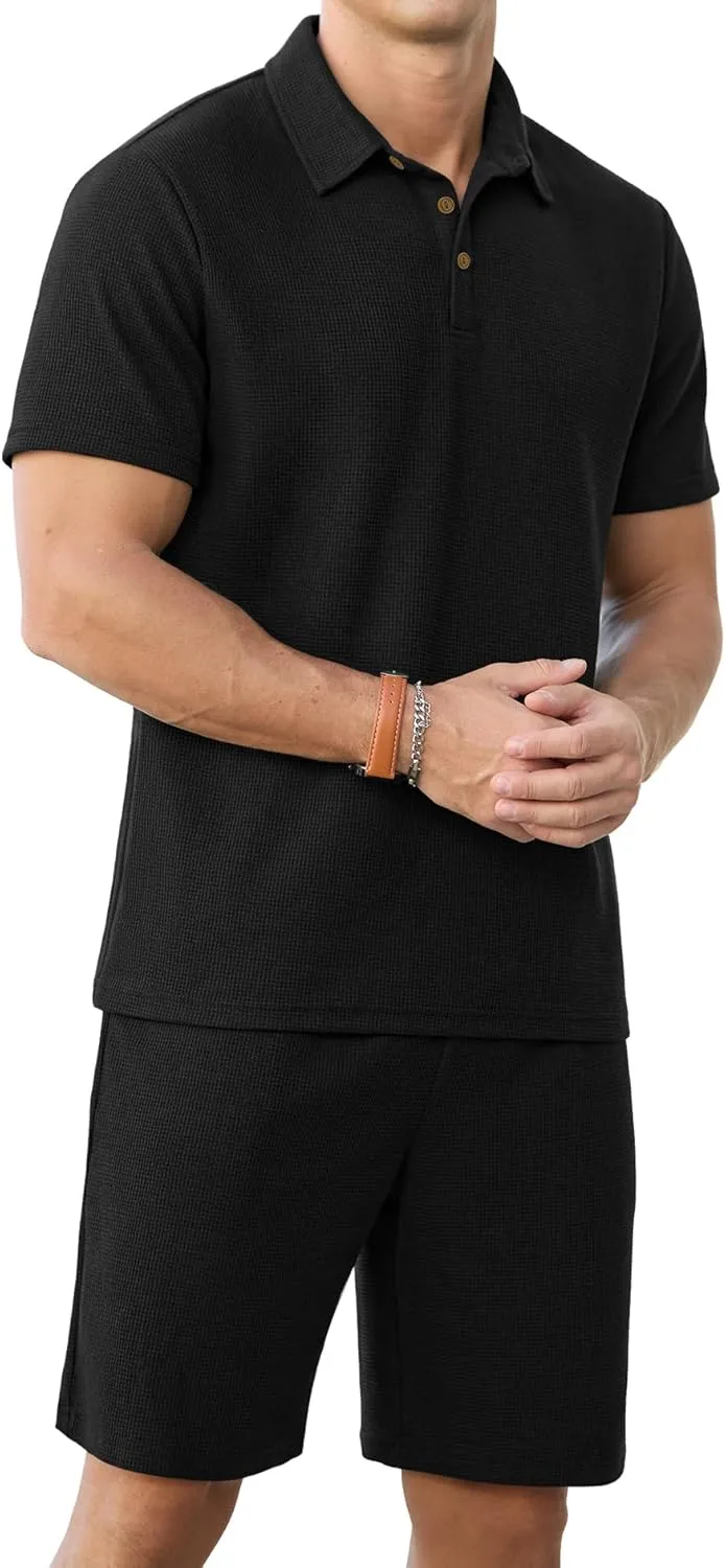 PrinStory Men's Summer Outfits Waffle Knit Polo Shirt and Shorts Set 2 Pieces Casual Tracksuit with Pockets