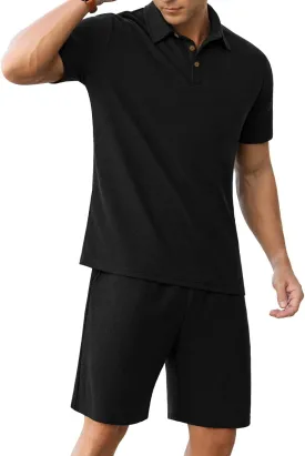 PrinStory Men's Summer Outfits Waffle Knit Polo Shirt and Shorts Set 2 Pieces Casual Tracksuit with Pockets