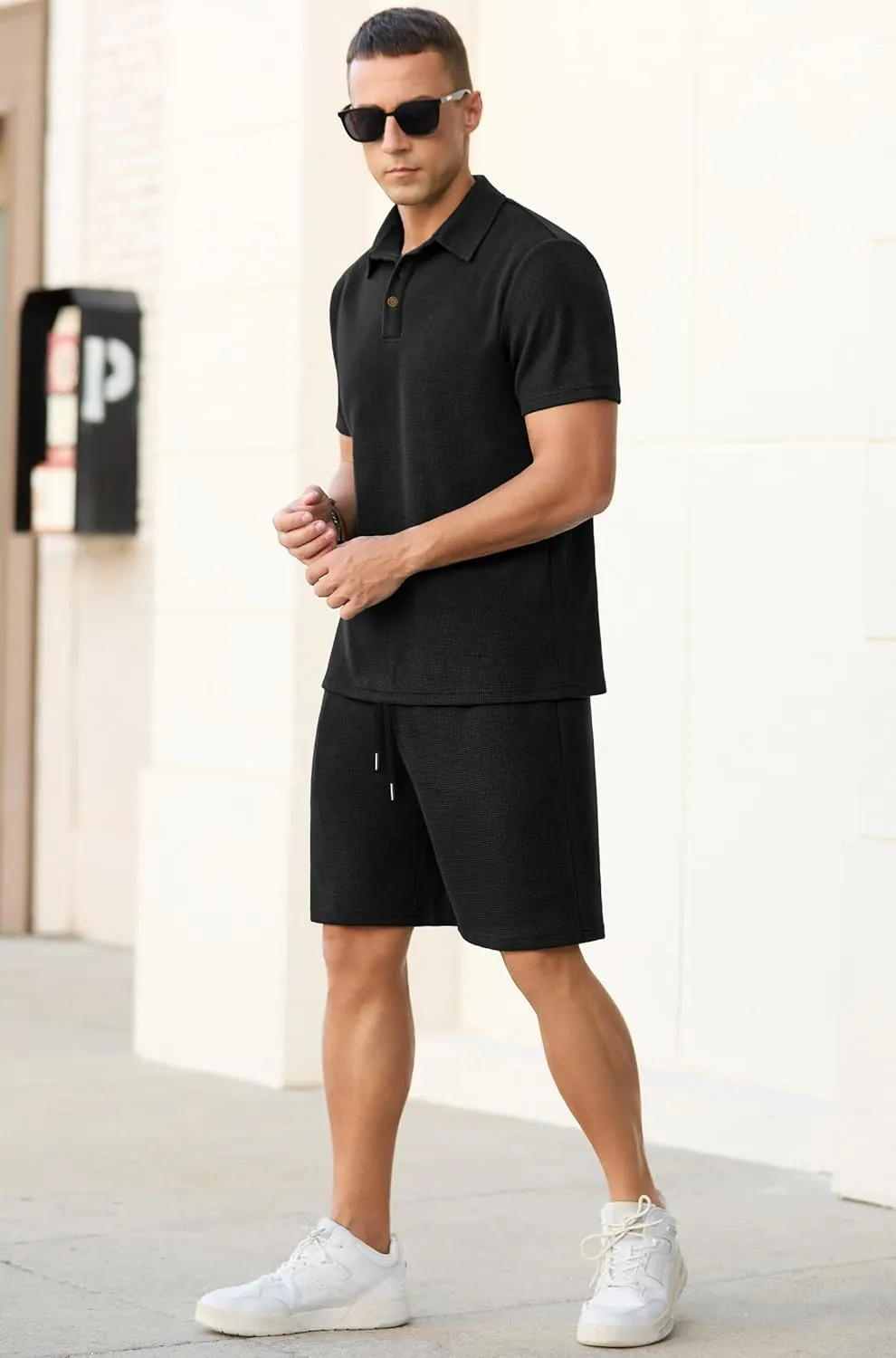 PrinStory Men's Summer Outfits Waffle Knit Polo Shirt and Shorts Set 2 Pieces Casual Tracksuit with Pockets