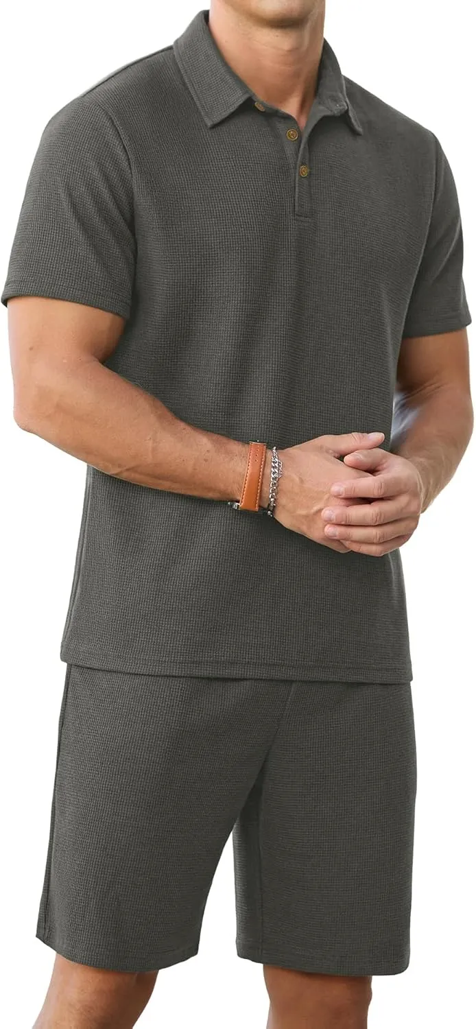 PrinStory Men's Summer Outfits Waffle Knit Polo Shirt and Shorts Set 2 Pieces Casual Tracksuit with Pockets