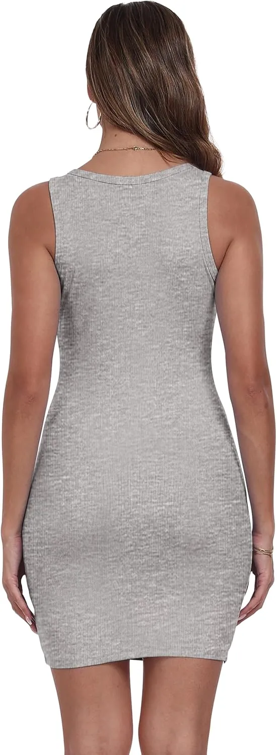 Qaffier Women's Mini Dress Summer Tank Dress Ribbed Crew Neck Sleeveless Basic Bodycon Mini Dresses