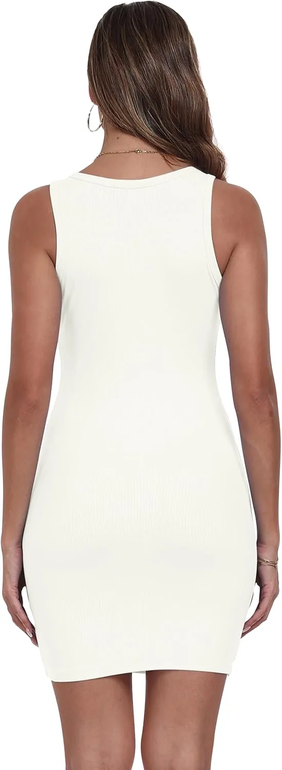 Qaffier Women's Mini Dress Summer Tank Dress Ribbed Crew Neck Sleeveless Basic Bodycon Mini Dresses
