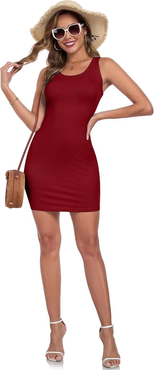 Qaffier Women's Mini Dress Summer Tank Dress Ribbed Crew Neck Sleeveless Basic Bodycon Mini Dresses