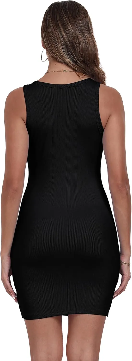 Qaffier Women's Mini Dress Summer Tank Dress Ribbed Crew Neck Sleeveless Basic Bodycon Mini Dresses