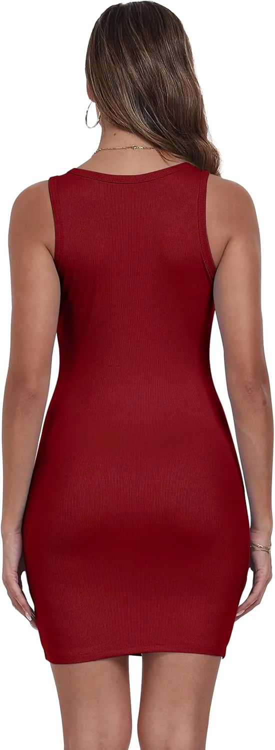 Qaffier Women's Mini Dress Summer Tank Dress Ribbed Crew Neck Sleeveless Basic Bodycon Mini Dresses