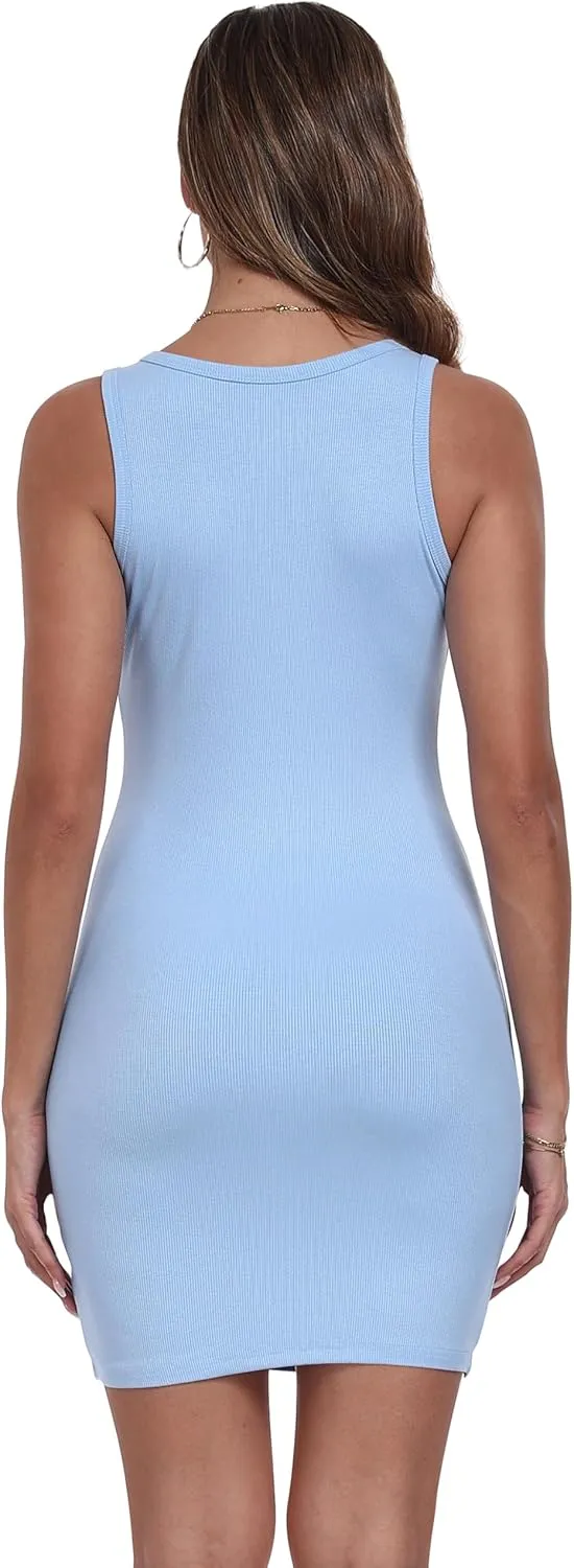 Qaffier Women's Mini Dress Summer Tank Dress Ribbed Crew Neck Sleeveless Basic Bodycon Mini Dresses