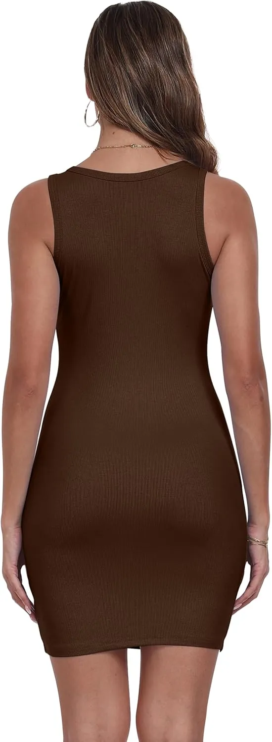 Qaffier Women's Mini Dress Summer Tank Dress Ribbed Crew Neck Sleeveless Basic Bodycon Mini Dresses