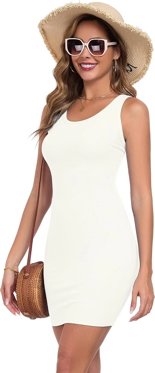 Qaffier Women's Mini Dress Summer Tank Dress Ribbed Crew Neck Sleeveless Basic Bodycon Mini Dresses