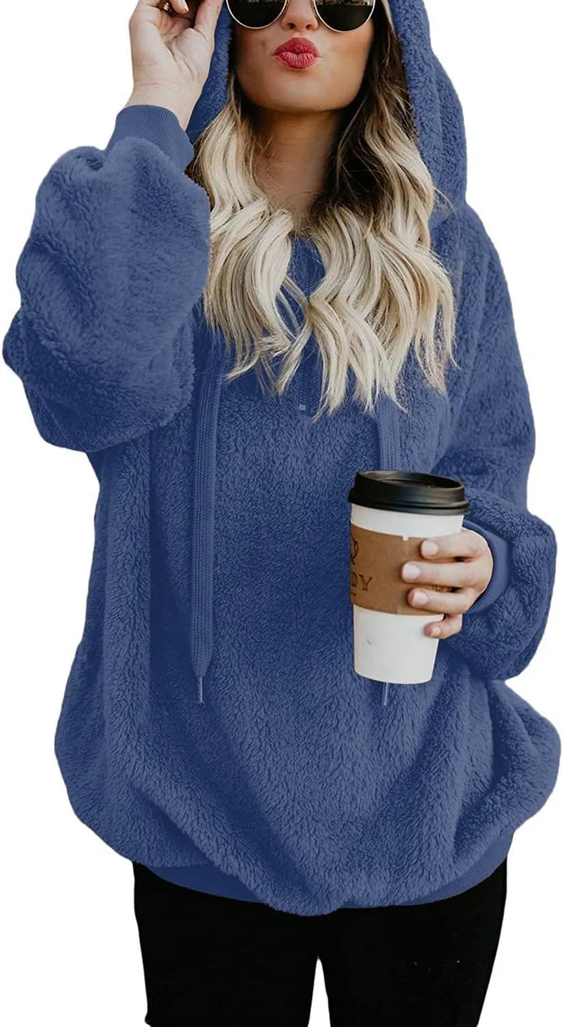 ReachMe Womens Oversized Sherpa Pullover Hoodie with Pockets Fuzzy Fleece Sweatshirt Plaid Fluffy Jacket Coat