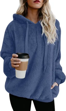 ReachMe Womens Oversized Sherpa Pullover Hoodie with Pockets Fuzzy Fleece Sweatshirt Plaid Fluffy Jacket Coat