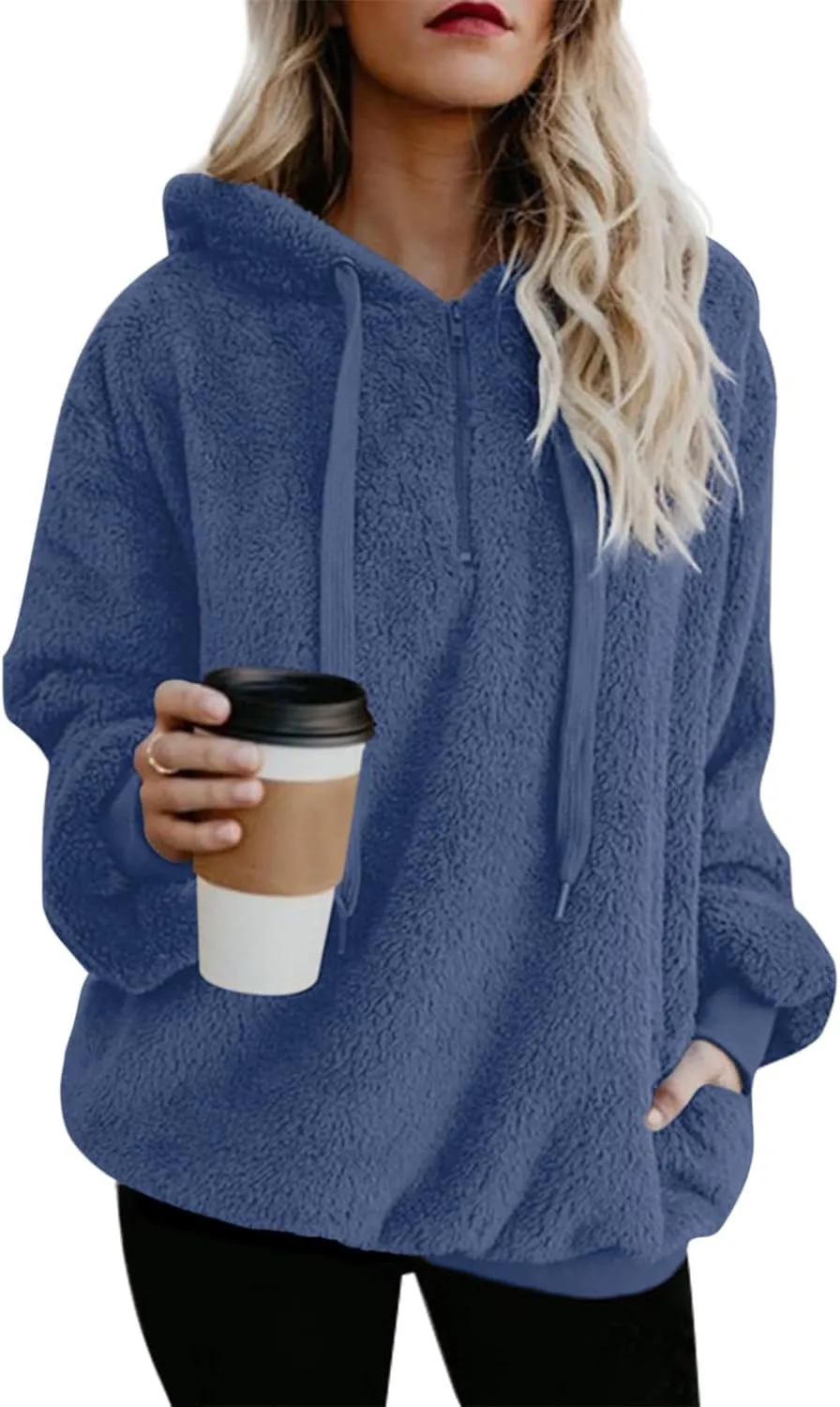 ReachMe Womens Oversized Sherpa Pullover Hoodie with Pockets Fuzzy Fleece Sweatshirt Plaid Fluffy Jacket Coat