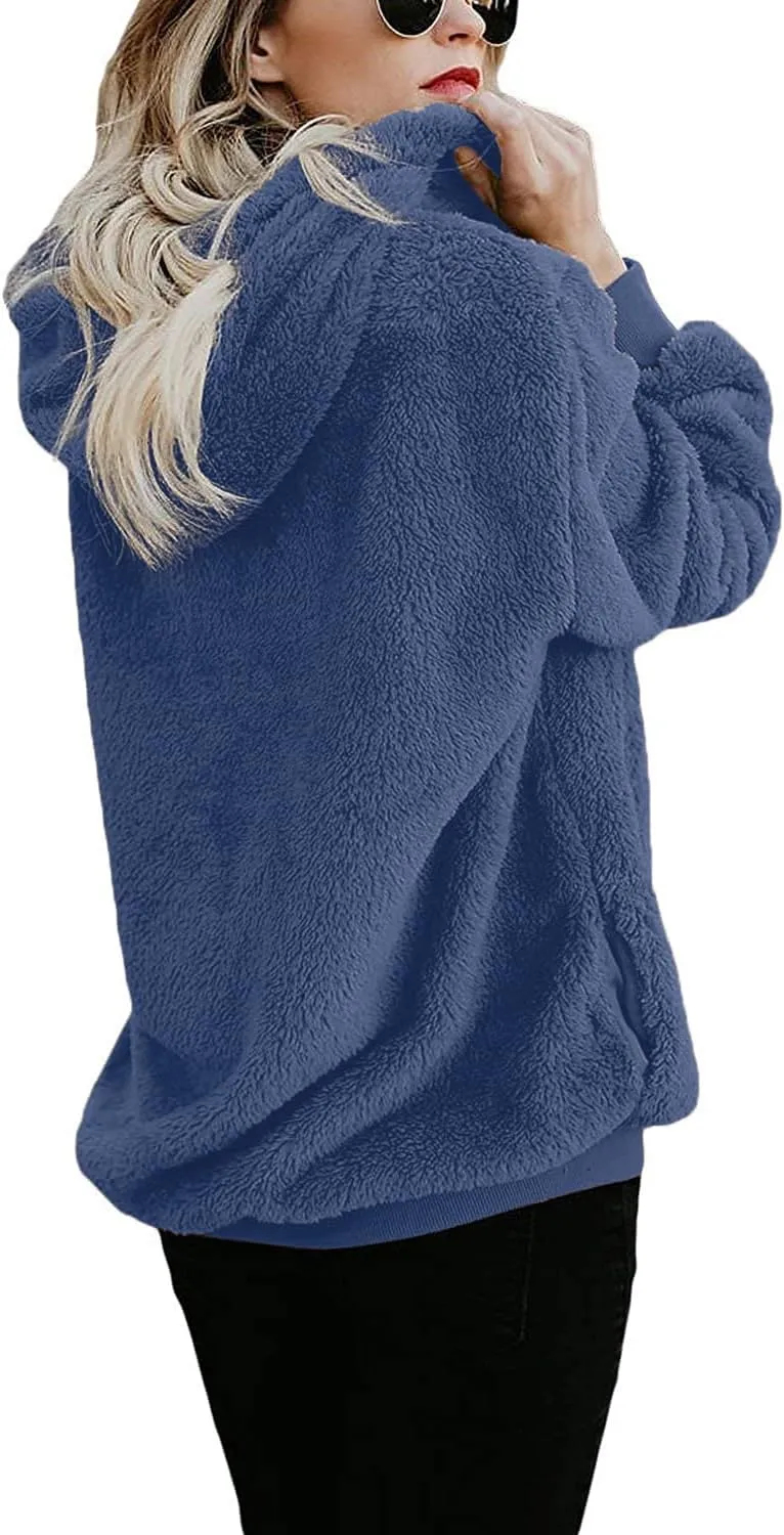 ReachMe Womens Oversized Sherpa Pullover Hoodie with Pockets Fuzzy Fleece Sweatshirt Plaid Fluffy Jacket Coat