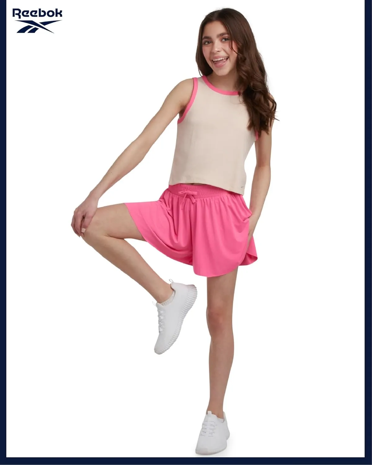 Reebok Girls' Active Shorts Set - 2 Piece Ribbed Knit Sleeveless Tank Top and Butterfly Shorts with Drawstring (Sizes: 7-12)