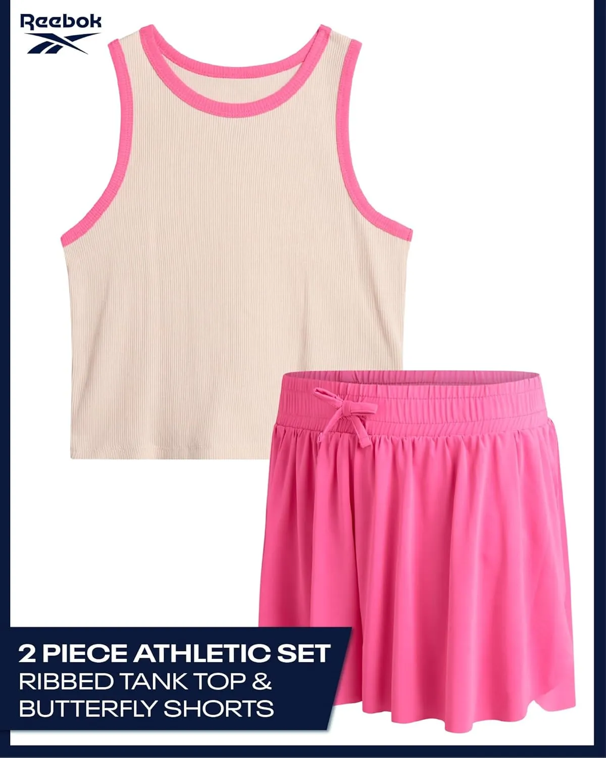 Reebok Girls' Active Shorts Set - 2 Piece Ribbed Knit Sleeveless Tank Top and Butterfly Shorts with Drawstring (Sizes: 7-12)