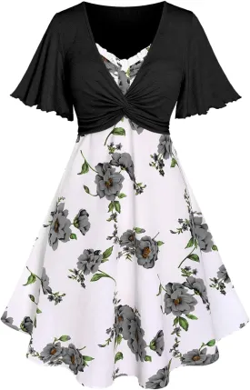 Rosegal Plus Size Women Floral Sundress Set Twisted Crop Top and Cottagecore Ruffles Floral Cami Dress