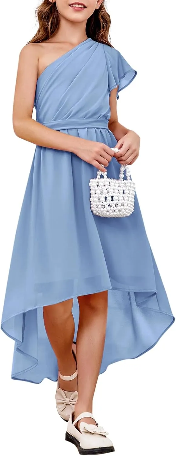 rrhss Flower Girls One Shoulder Ruffle Dresses Flowy A-line Twirl Sleeveless Dress Cute Wedding Prom Party Gowns