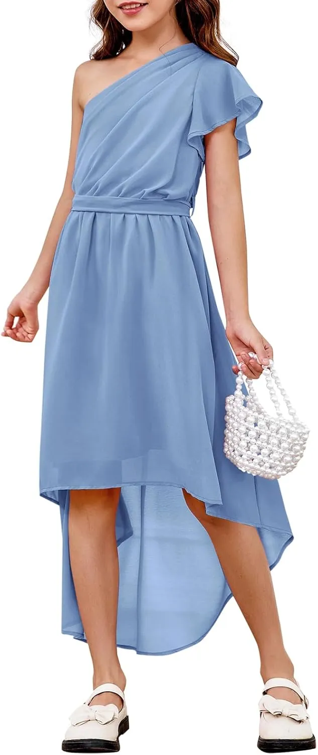 rrhss Flower Girls One Shoulder Ruffle Dresses Flowy A-line Twirl Sleeveless Dress Cute Wedding Prom Party Gowns