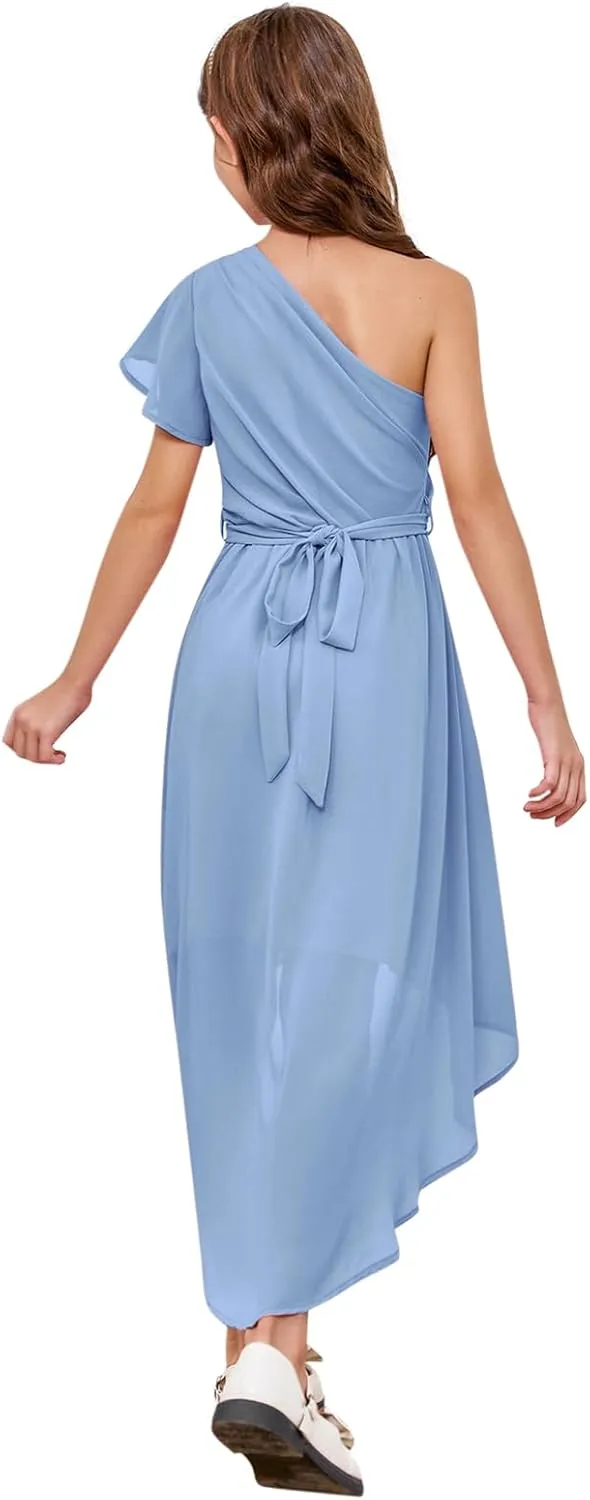 rrhss Flower Girls One Shoulder Ruffle Dresses Flowy A-line Twirl Sleeveless Dress Cute Wedding Prom Party Gowns