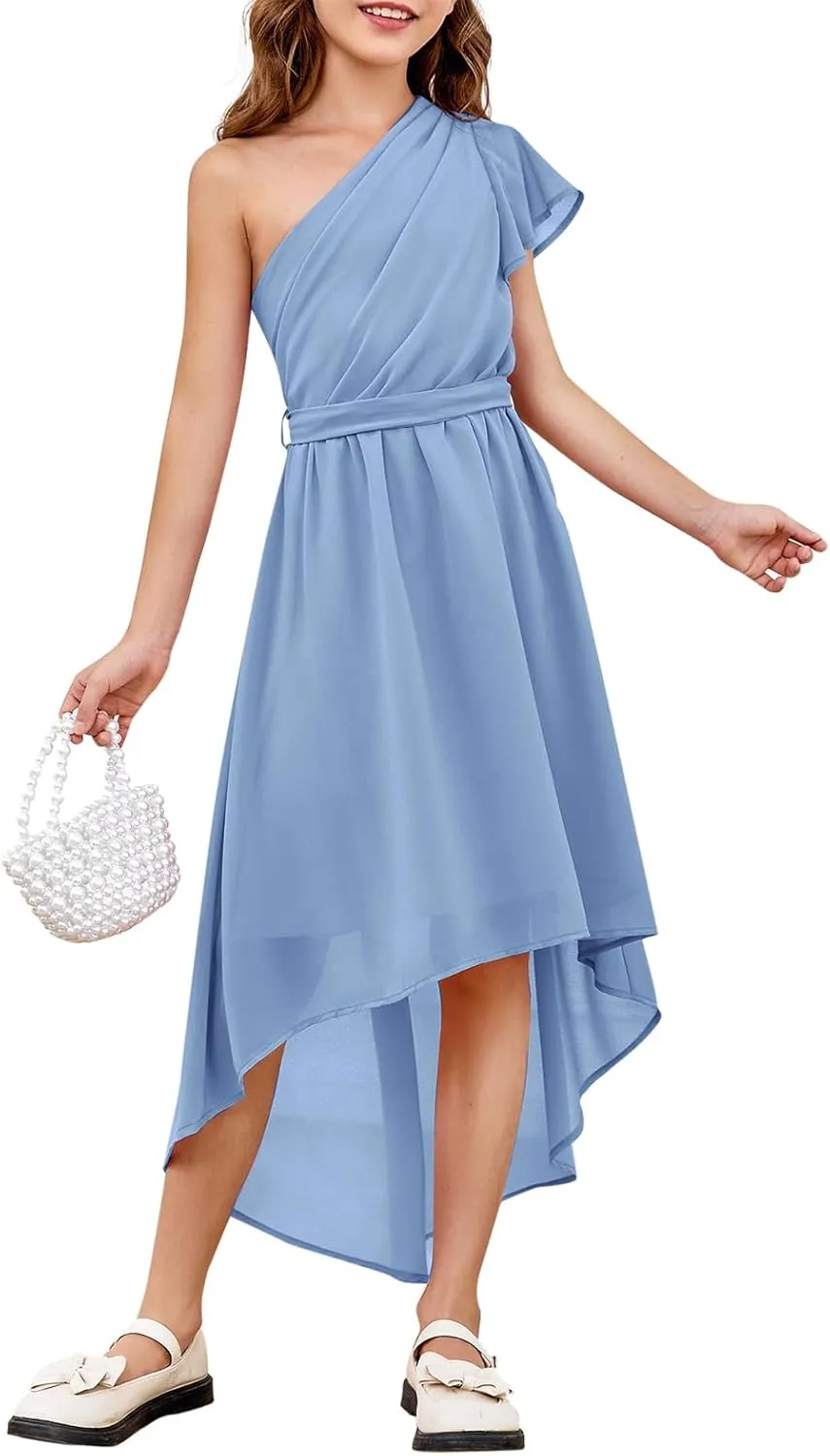 rrhss Flower Girls One Shoulder Ruffle Dresses Flowy A-line Twirl Sleeveless Dress Cute Wedding Prom Party Gowns