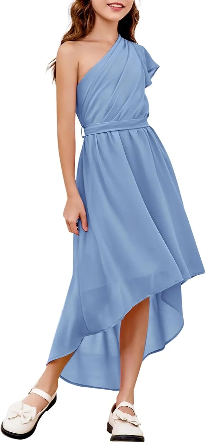 rrhss Flower Girls One Shoulder Ruffle Dresses Flowy A-line Twirl Sleeveless Dress Cute Wedding Prom Party Gowns