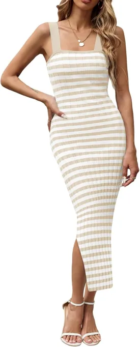 Saodimallsu Womens Summer Striped Knit Bodycon Dresses Sleeveless Square Neck Side Slit Ribbed Midi Sweater Tank Dress