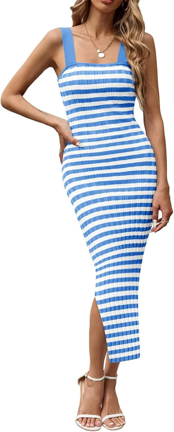 Saodimallsu Womens Summer Striped Knit Bodycon Dresses Sleeveless Square Neck Side Slit Ribbed Midi Sweater Tank Dress