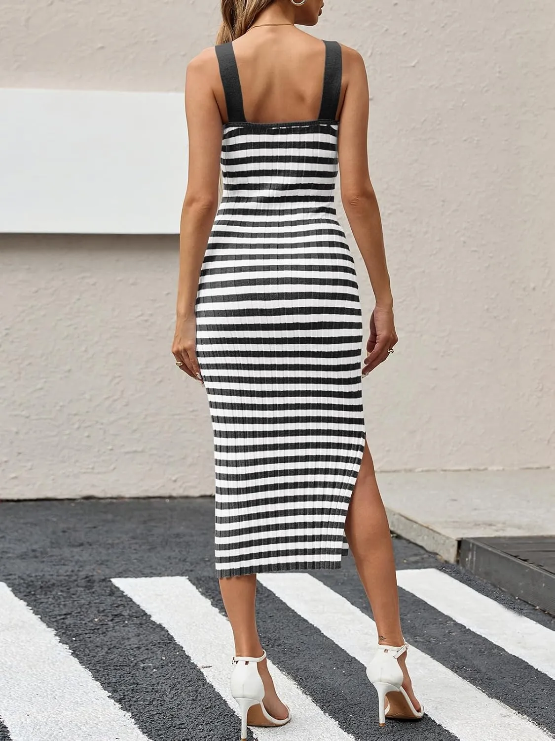 Saodimallsu Womens Summer Striped Knit Bodycon Dresses Sleeveless Square Neck Side Slit Ribbed Midi Sweater Tank Dress