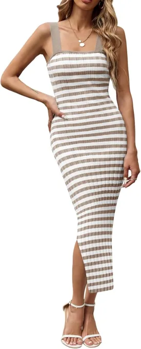 Saodimallsu Womens Summer Striped Knit Bodycon Dresses Sleeveless Square Neck Side Slit Ribbed Midi Sweater Tank Dress
