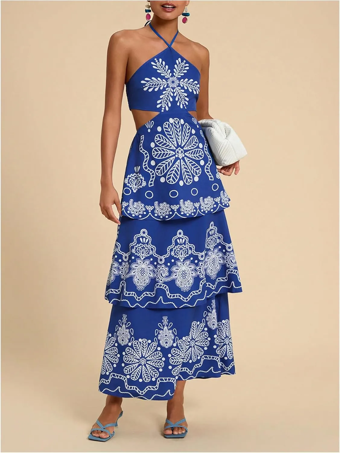 SHENHE Women's Summer Floral Tiered Maxi Dress Tie Halter Backless Flowy Boho Sundress