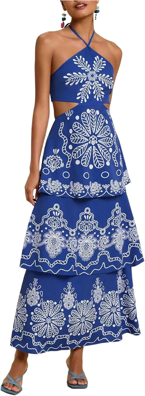 SHENHE Women's Summer Floral Tiered Maxi Dress Tie Halter Backless Flowy Boho Sundress