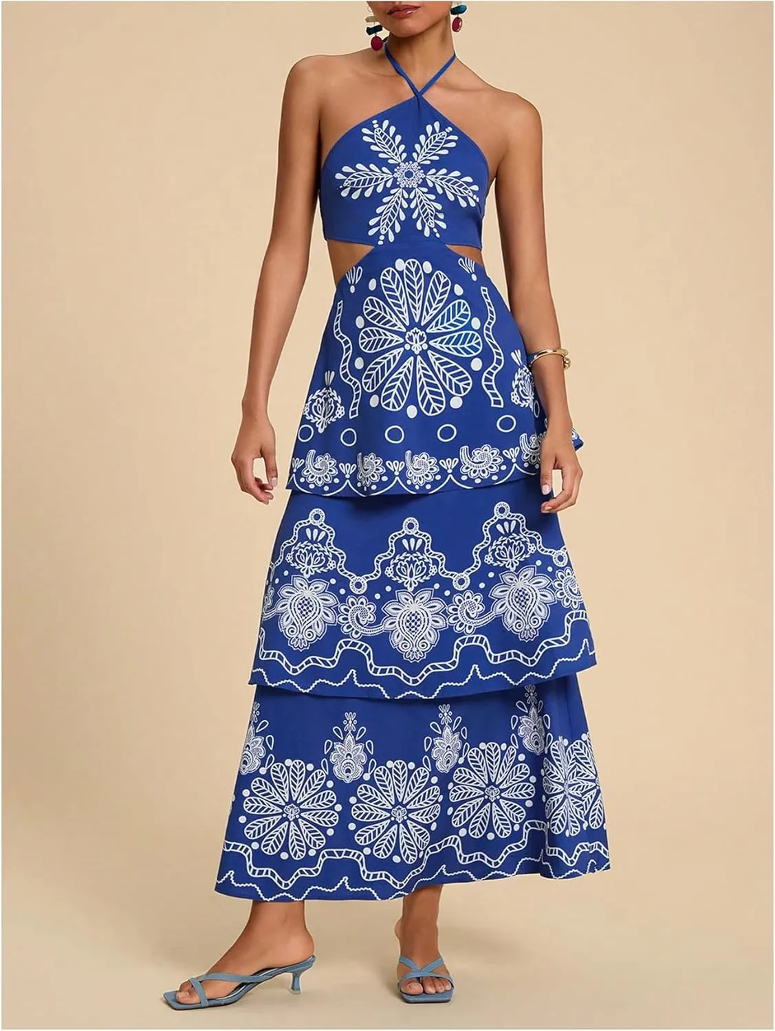SHENHE Women's Summer Floral Tiered Maxi Dress Tie Halter Backless Flowy Boho Sundress