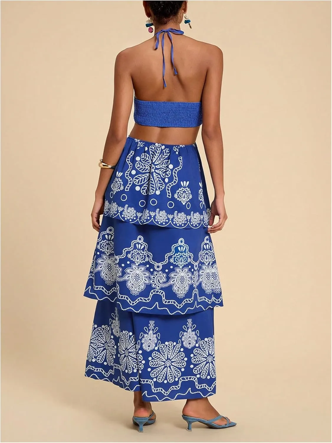 SHENHE Women's Summer Floral Tiered Maxi Dress Tie Halter Backless Flowy Boho Sundress