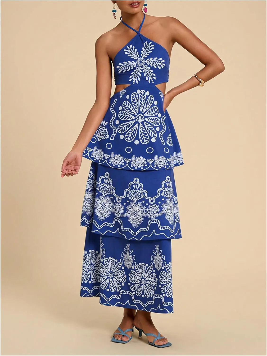 SHENHE Women's Summer Floral Tiered Maxi Dress Tie Halter Backless Flowy Boho Sundress