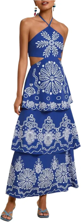 SHENHE Women's Summer Floral Tiered Maxi Dress Tie Halter Backless Flowy Boho Sundress