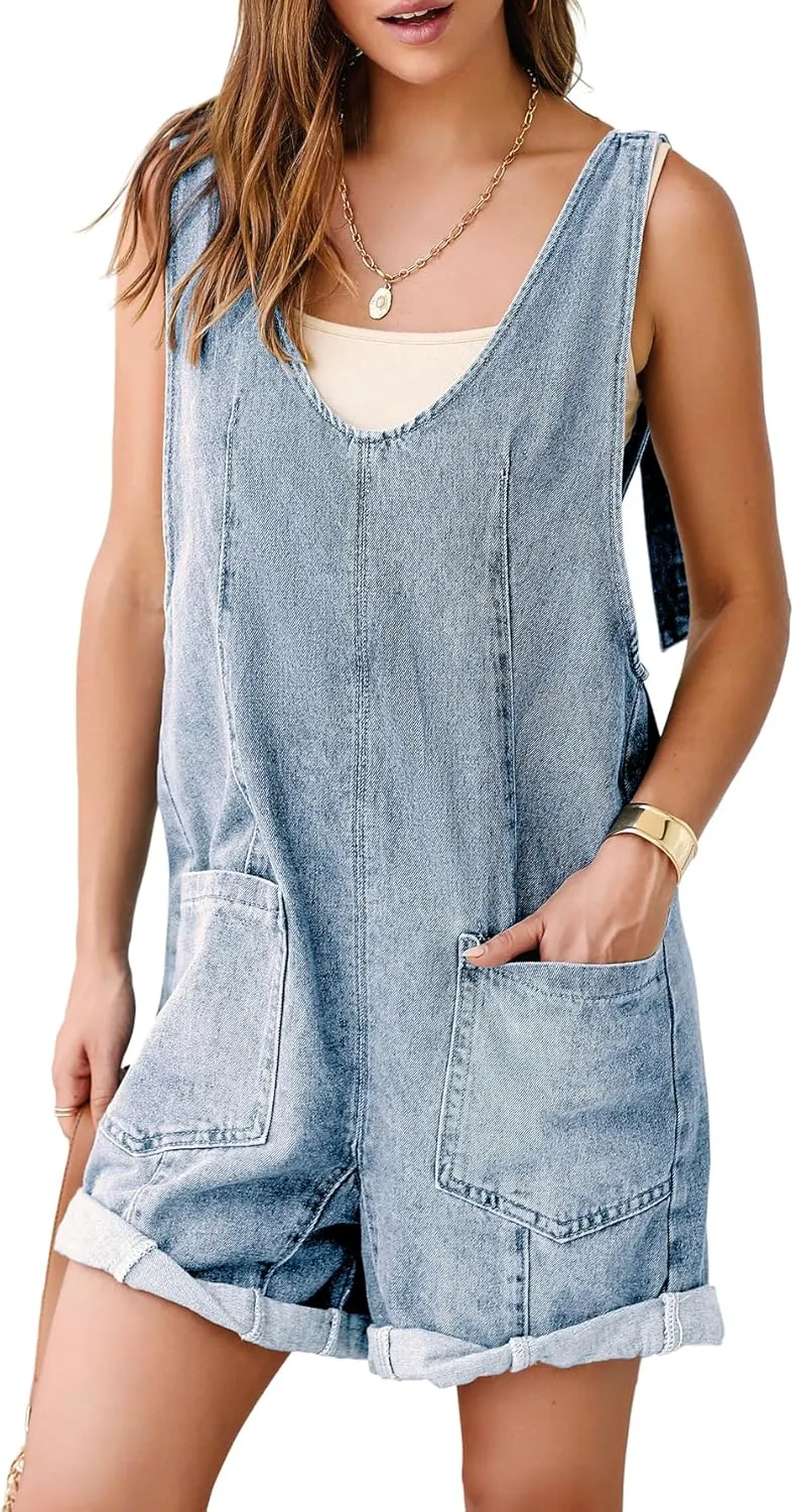 Simplee Womens Denim Romper 2025 Sleeveless Casual Jean Outfits V Neck High Roller Overall Shorts Jumpsuits Trendy
