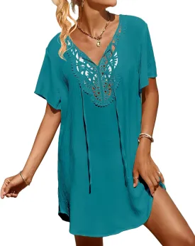 SimpleFun Womens Swimsuit Coverup Lace Crochet V Neck Bathing Suit Cover Up Dress Beach Cover Ups for Swimwear