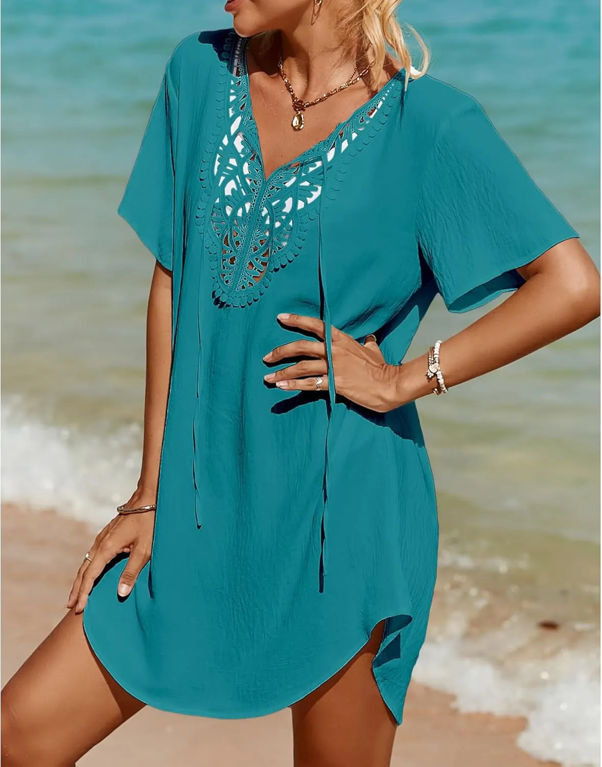 SimpleFun Womens Swimsuit Coverup Lace Crochet V Neck Bathing Suit Cover Up Dress Beach Cover Ups for Swimwear
