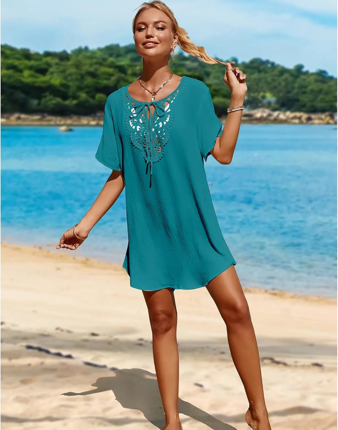 SimpleFun Womens Swimsuit Coverup Lace Crochet V Neck Bathing Suit Cover Up Dress Beach Cover Ups for Swimwear
