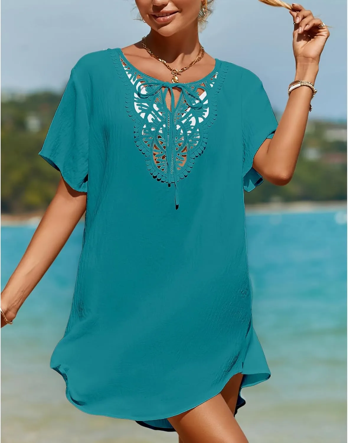 SimpleFun Womens Swimsuit Coverup Lace Crochet V Neck Bathing Suit Cover Up Dress Beach Cover Ups for Swimwear
