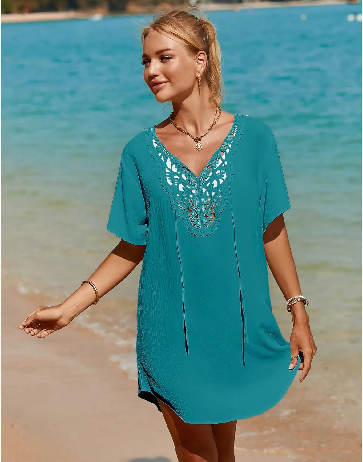 SimpleFun Womens Swimsuit Coverup Lace Crochet V Neck Bathing Suit Cover Up Dress Beach Cover Ups for Swimwear